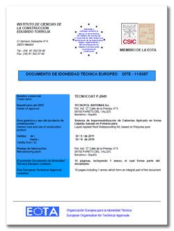 Certificaci�n DITE Poliurea pura Tecnocoat